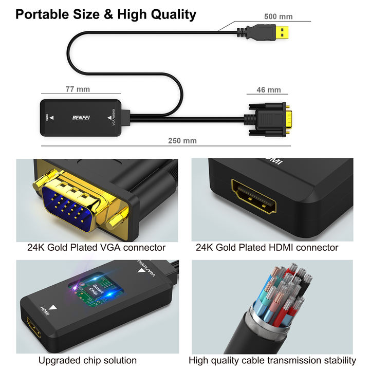 BENFEI VGA to HDMI Adapter, 1080P Converter with Audio from Computer/Laptop VGA Source to HDMI TV/Monitor