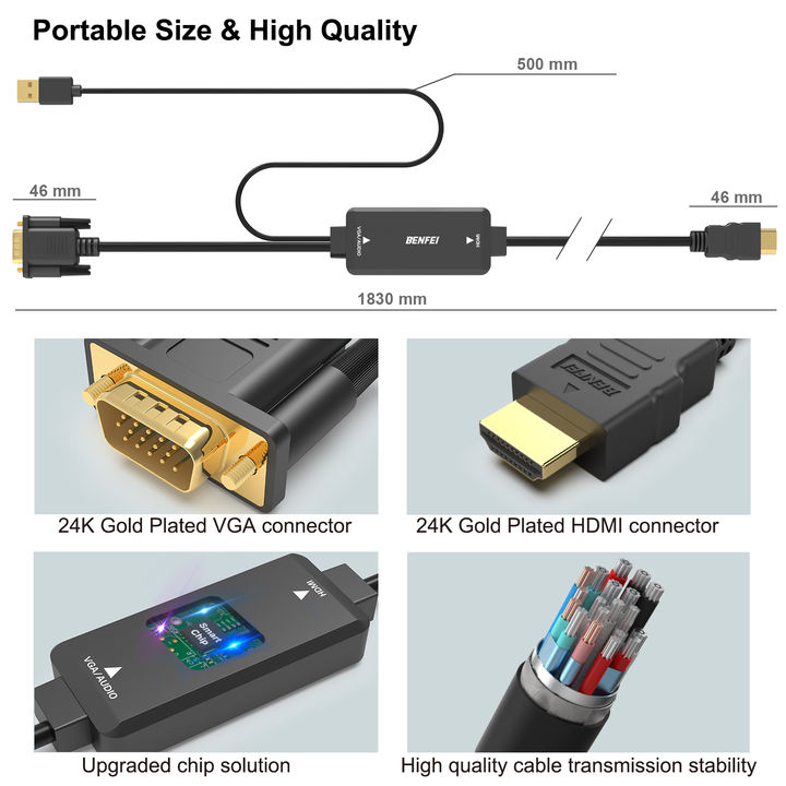 BENFEI VGA to HDMI Cable with Audio 1.8 Meter 1080P Cable from VGA Computer Laptop to HDMI Monitor TV Not Bidirectional Factory Wholesale Excellence
