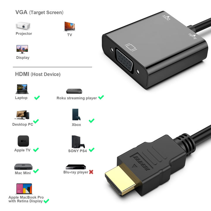 Customize HDMI to VGA  Gold-Plated HDMI to VGA Adapter (Male to Female) Compatible for Computer, Desktop, Laptop, PC, Monitor Wholesale B2B Pricing Pricing