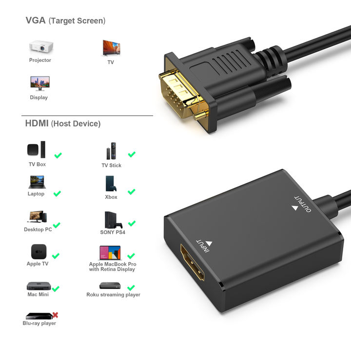 Customize  HDMI to VGA, Uni-Directional HDMI Computer to VGA Monitor Adapter (Female to Male) with 3.5mm Audio Global Wholesale Market
