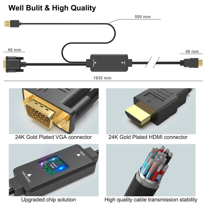 Customize  VGA to HDMI Cable with Audio 1.8 Meter 1080P Cable from VGA Computer Laptop to HDMI Monitor TV Not Bidirectional Discounted Bulk Pricing