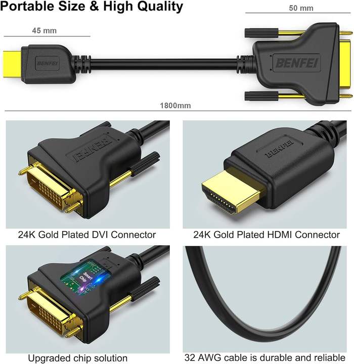 BENFEI HDMI to DVI, Bi Directional DVI-D 24+1 Male to HDMI Male High Speed Adapter Cable Support 1080P Full HD