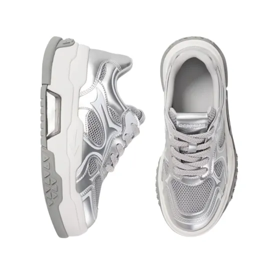 New Style Genuine Leather Mesh Fashion Sneakers Silver Sports Casual Shoes Women′s Shoes