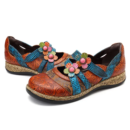 2022 Retro Floral Leather Combination Wild Striped Flat Ladies Shoes