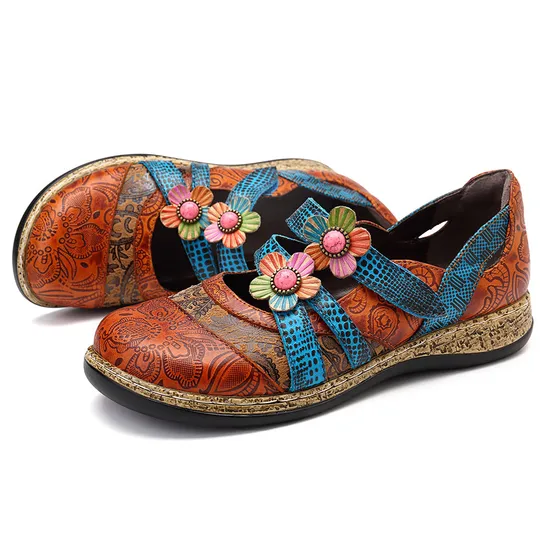 2022 Retro Floral Leather Combination Wild Striped Flat Ladies Shoes