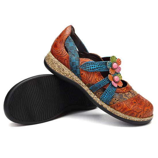 2022 Retro Floral Leather Combination Wild Striped Flat Ladies Shoes