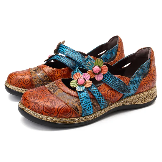 2022 Retro Floral Leather Combination Wild Striped Flat Ladies Shoes