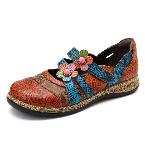 2022 Retro Floral Leather Combination Wild Striped Flat Ladies Shoes