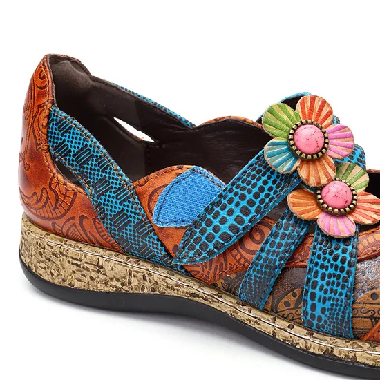 2022 Retro Floral Leather Combination Wild Striped Flat Ladies Shoes