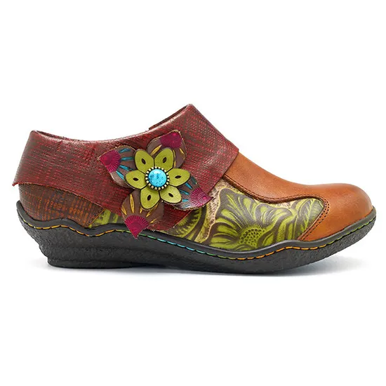 Autumn Retro Style Leather Shoes Floral Pattern Women Shoes