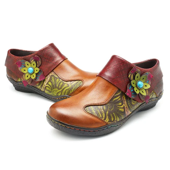 Autumn Retro Style Leather Shoes Floral Pattern Women Shoes