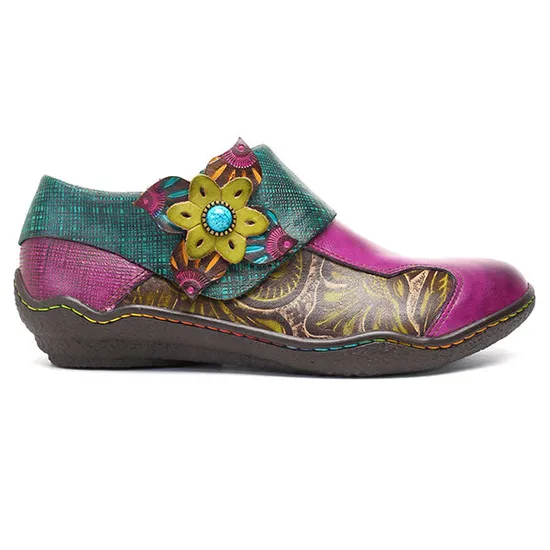 Autumn Retro Style Leather Shoes Floral Pattern Women Shoes