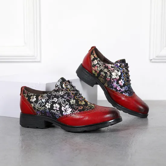 Colorful Pattern Embossed Lace up Shoes Genuine Leather Shoes