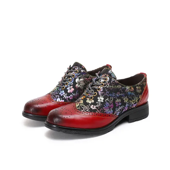 Colorful Pattern Embossed Lace up Shoes Genuine Leather Shoes