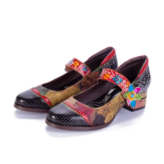 Elegant Floral Pattern Casual Leather Shoes Chunky Shoes