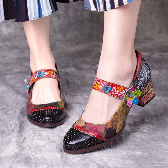 Elegant Floral Pattern Casual Leather Shoes Chunky Shoes