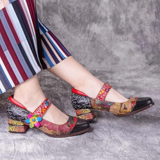 Elegant Floral Pattern Casual Leather Shoes Chunky Shoes