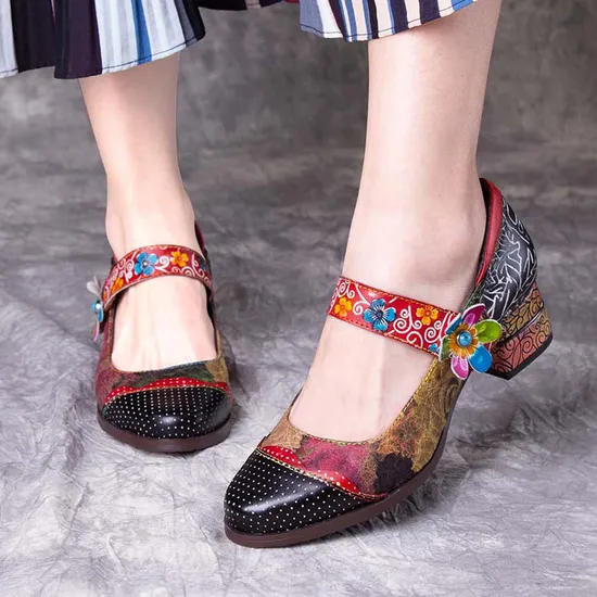 Fashion Colorful Pumps Retro Chunky Shoes Embroider Shoes Women Shoes