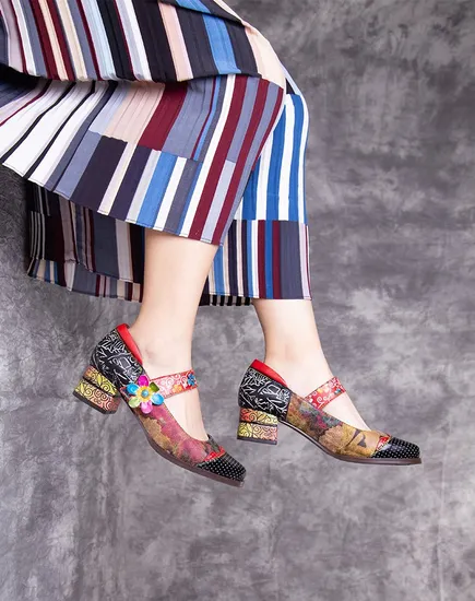 Fashion Colorful Pumps Retro Chunky Shoes Embroider Shoes Women Shoes