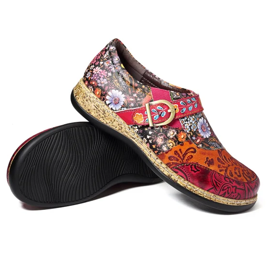 Flower-Printed Classic Ladies Flat Casual Shoes Comfort Loafers Leather Shoes