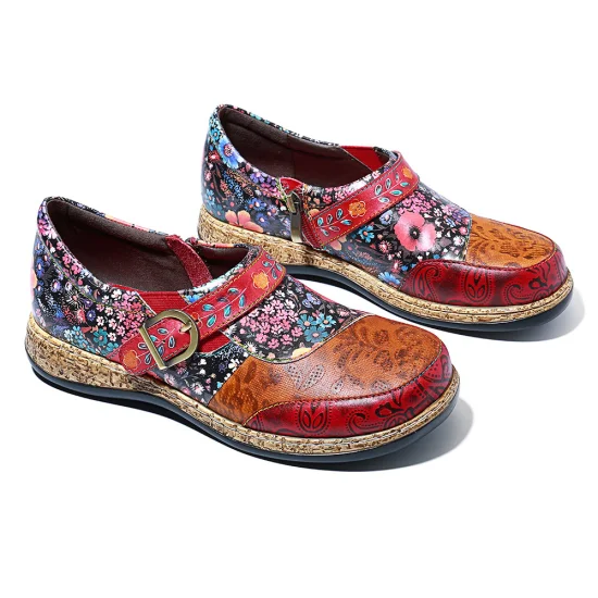 Flower-Printed Classic Ladies Flat Casual Shoes Comfort Loafers Leather Shoes