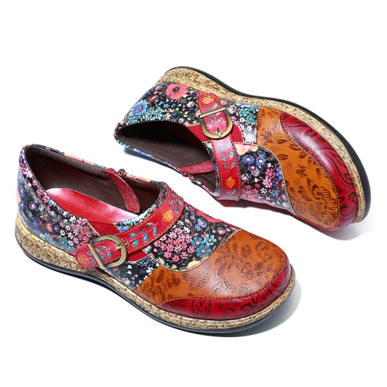 Flower-Printed Classic Ladies Flat Casual Shoes Comfort Loafers Leather Shoes