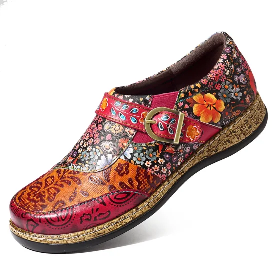 Flower-Printed Classic Ladies Flat Casual Shoes Comfort Loafers Leather Shoes