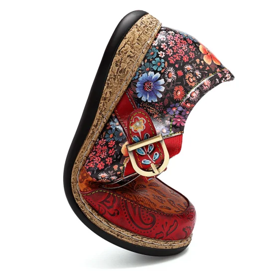 Flower-Printed Classic Ladies Flat Casual Shoes Comfort Loafers Leather Shoes