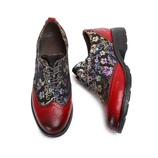 National Flower Lace up Work Shoes Lady′s Leather Shoes