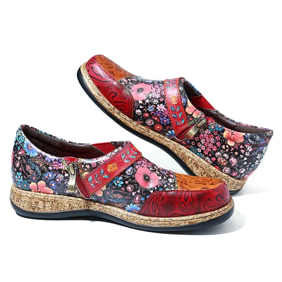 Popular Retro Flower-Painted Flat Shoes Zipper Casual Dress Leather Shoes