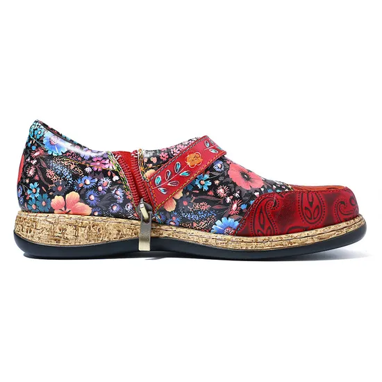 Popular Retro Flower-Painted Flat Shoes Zipper Casual Dress Leather Shoes