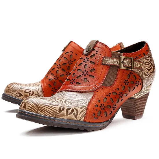 Women Fashion Flower Pattern Genuine Leather MID-Heels Shoes