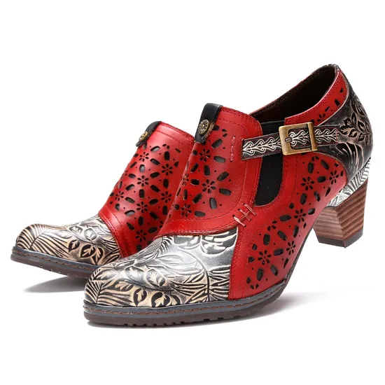 Women Fashion Flower Pattern Genuine Leather MID-Heels Shoes