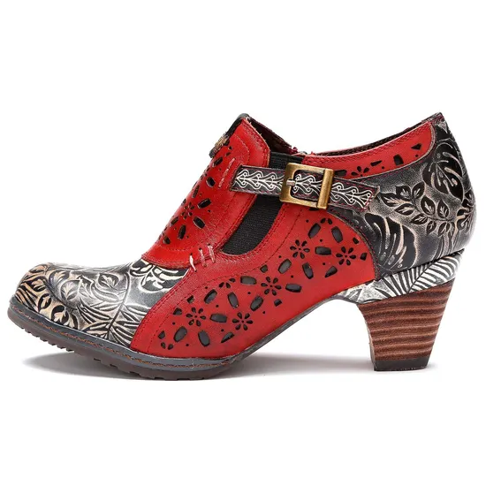 Women Fashion Flower Pattern Genuine Leather MID-Heels Shoes