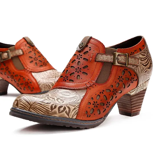 Women Fashion Flower Pattern Genuine Leather MID-Heels Shoes