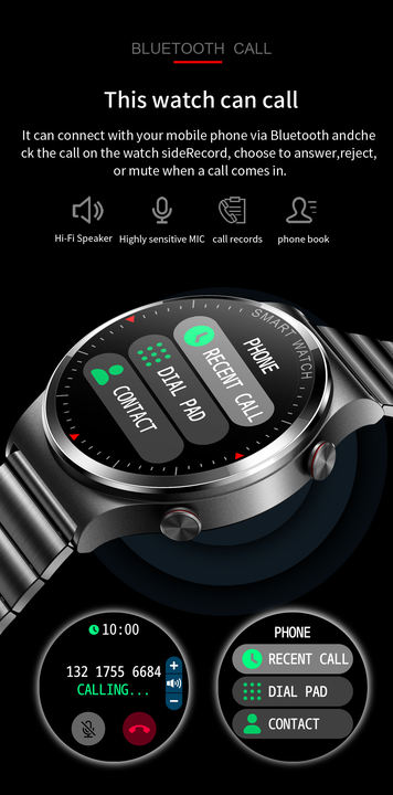 BT In Call 24 Hour Heart Rate Men Women Heart Rate 1.28" Full Touch Screen DIY Watch Face Blood Oxygen Phone Call Android IOS t