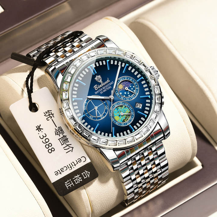 BINBOND 8632 Luxury Stainless Steel reloj watch For Male Watches quartz Movement Men Watch Luminous Hollow Out Moon Phase Factory Direct Sales Export