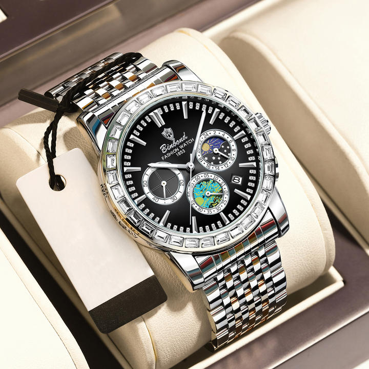 BINBOND 8632 Luxury Stainless Steel reloj watch For Male Watches quartz Movement Men Watch Luminous Hollow Out Moon Phase Factory Direct Sales Export