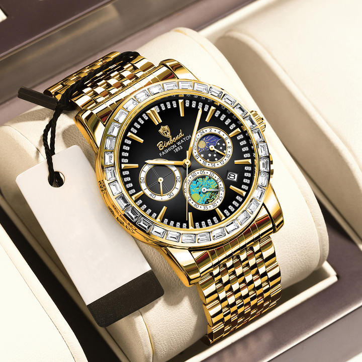 BINBOND 8632 Luxury Stainless Steel reloj watch For Male Watches quartz Movement Men Watch Luminous Hollow Out Moon Phase Factory Direct Sales Export