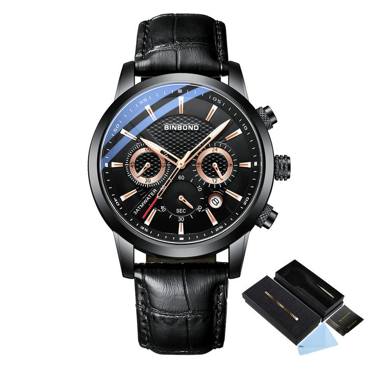 BINBOND  B61226 Business Casual Quartz Movement Watches Men Wrist Leather Alloy Calendar Waterproof Man Wrist Watch Export Factory Supplier