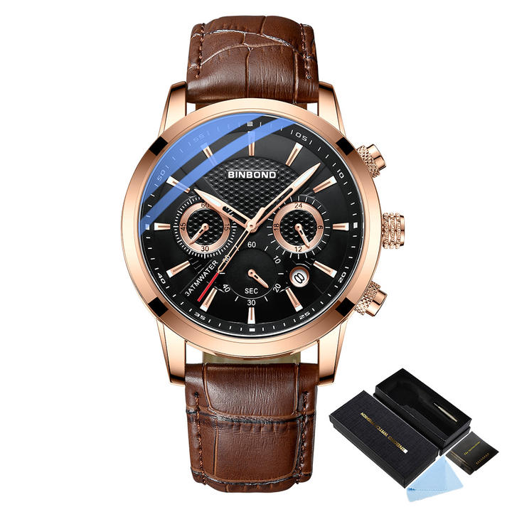 BINBOND  B61226 Business Casual Quartz Movement Watches Men Wrist Leather Alloy Calendar Waterproof Man Wrist Watch Export Factory Supplier