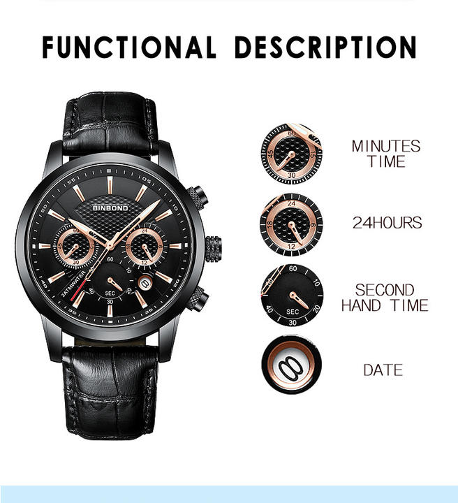 BINBOND  B61226 Business Casual Quartz Movement Watches Men Wrist Leather Alloy Calendar Waterproof Man Wrist Watch Export Factory Supplier
