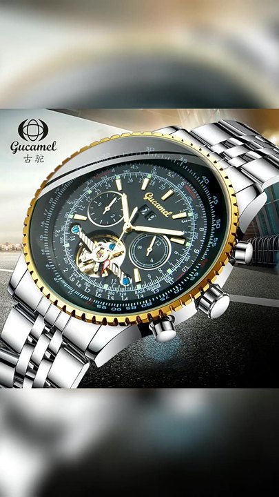 GUCAMEL Flying Series Golden Bezel Scale Dial Design Stainless Steel Mens Watch Top Brand Luxury Automatic Mechanical