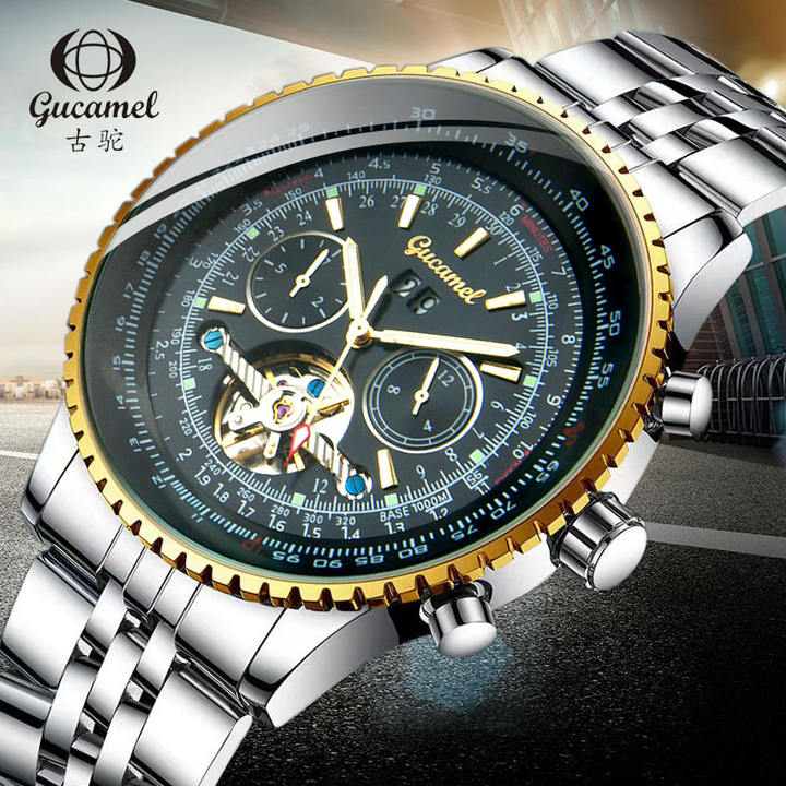 GUCAMEL Flying Series Golden Bezel Scale Dial Design Stainless Steel Mens Watch Top Brand Luxury Automatic Mechanical