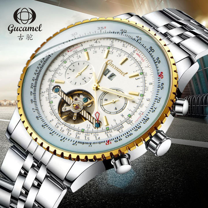 GUCAMEL Flying Series Golden Bezel Scale Dial Design Stainless Steel Mens Watch Top Brand Luxury Automatic Mechanical