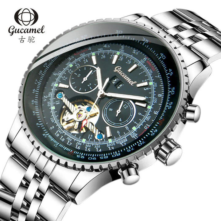 GUCAMEL Flying Series Golden Bezel Scale Dial Design Stainless Steel Mens Watch Top Brand Luxury Automatic Mechanical