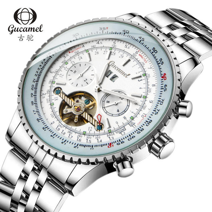 GUCAMEL Flying Series Golden Bezel Scale Dial Design Stainless Steel Mens Watch Top Brand Luxury Automatic Mechanical