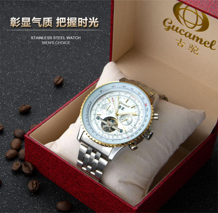 GUCAMEL Flying Series Golden Bezel Scale Dial Design Stainless Steel Mens Watch Top Brand Luxury Automatic Mechanical