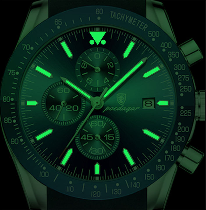 Luxury Chronograph Watch for Men POEDAGAR P988 Stainless Steel Luminous Date Week Sport Wrist Watches