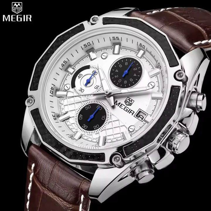 Megir 2015  Fashion Business Chronograph Date Clock Wristwatch Luxury Quartz Leather Waterproof Watches Men Manufacturing and Export